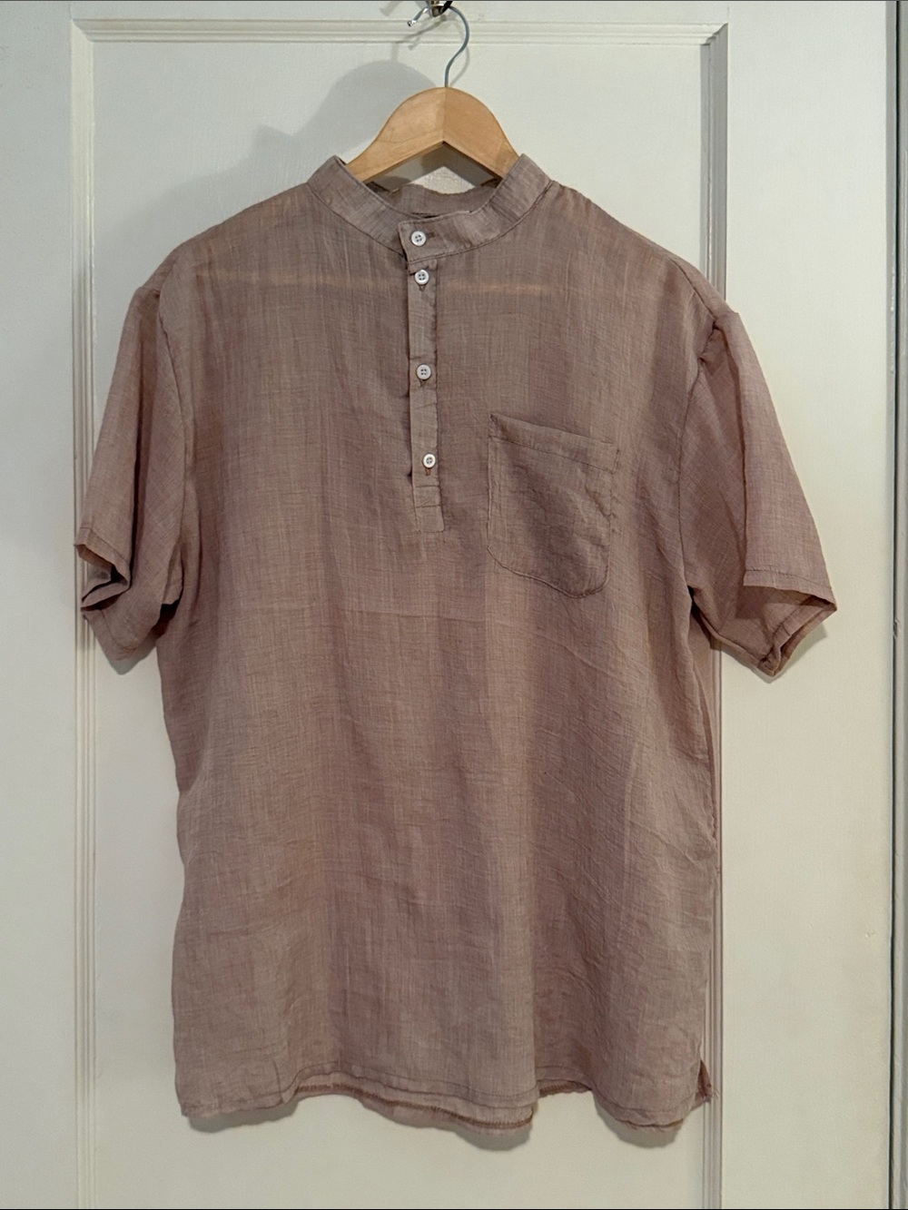 Men's Short-Sleeve Linen Mandarin Collar Shirt in Beige